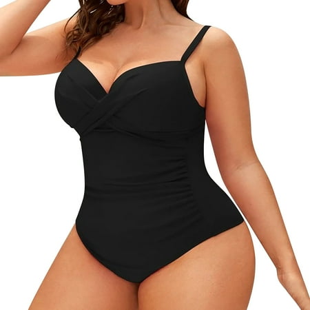 Womens Cute Plus Size Tankini Swimsuits Solid Color Ruched Detail Underwire Removable Padded Cups Fashion Bodycon Bikini Elegant Sexy Beachwear Modest Soft Bathing Suits