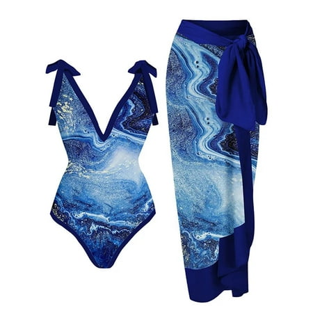 Women One Piece Swimsuit with Matching Cover Ups,Women 2 Pieces Beach Swimsuit Set with Cover up Wrap Skirt Bathing Suits Tropical Printed Halter Bikini Swimsuit
