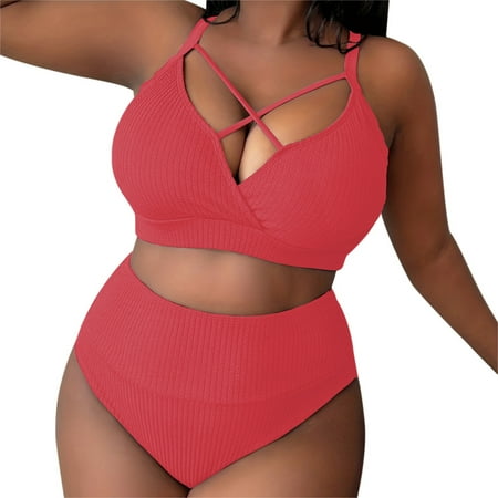 NIEWTR Women’s Plus Size High Waisted Bikini Set Women’s Solid Color Hollow Shoulder Strap Adjustable Backless Sexy Swimsuit Plus Size Bathing Suits (Red,3XL)