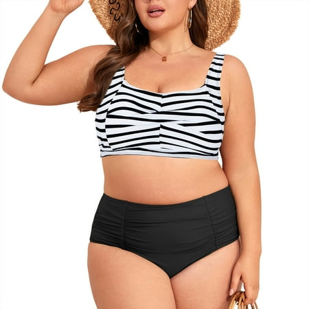 Zando PLus Size Bikini Sets for Women Tummy Control High Waisted Women’s Bankini Swimsuits 2 Pieces Swimsuits for Big Busted Women with Ruched Black White Stripe 3XL