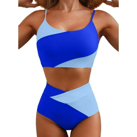 SHEWIN Womens Bikini Set 2 Piece High Waisted Color Block Swimsuit Spaghetti Straps Bathing Suits Summer Beach Outfits