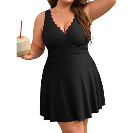 Asoul Plus Size Scalloped V Neck Swimwear for Womens One Piece Swimsuits Tummy Control Swimdress Bathing Suits with briefs