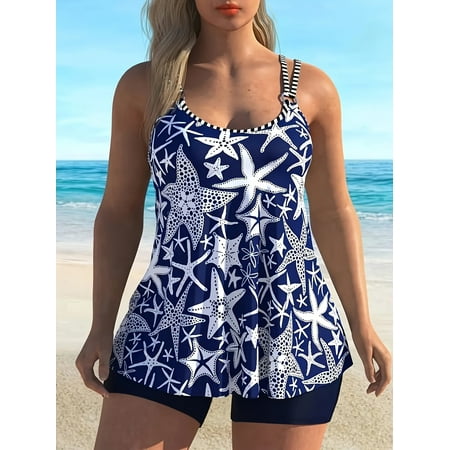 generic Plus Size Two Piece Tankini Swimsuits for Women Crew Neck Tummy Control Bathing Suit with Boyshorts Athletic Swimwear Multicolor 2XL