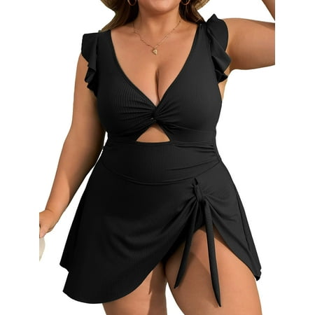Asoul Womens Plus Size Swimsuit Tummy Control One Piece Ribbed Swimdress Ruffle V Neck Cutout Bathing Suit with Skirt