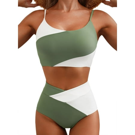 SHEWIN Womens Bikini Set 2 Piece High Waisted Color Block Swimsuit Spaghetti Straps Bathing Suits Summer Beach Outfits
