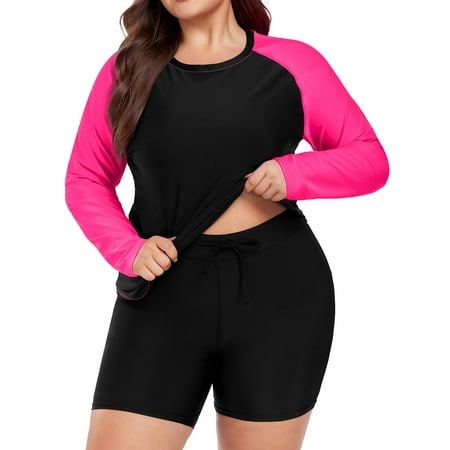 TIYOMI Women’s Plus Size Long Sleeve Swimsuits 3X 2 Piece Black Pink Rash Guard Swimwear Surfing Swim Tummy Control Bathing Suits with Shorts 3XL 22W 24W