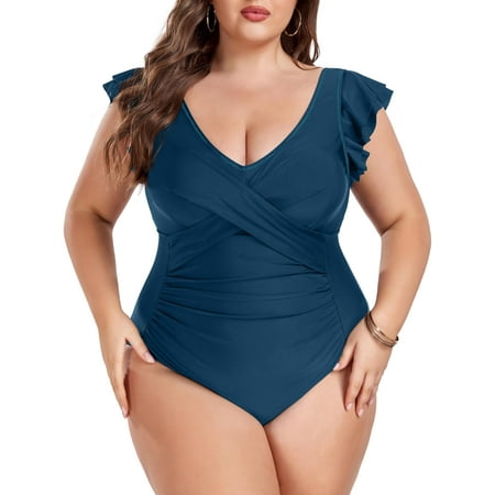 TIYOMI Plus Size 5X One Piece Swimsuit For Women Blue Swimwear Ruffled Deep V Neck Suits Tummy Control Bathing Suits 5XL 26W 28W