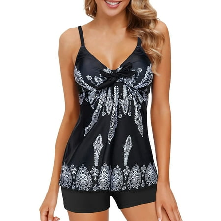 Zando Womens Floral Tankini Bathing Suits for Women Swimsuits Tummy Control 2 Piece Front Bowknot Flounce Swim Tank Top with Boy Short Floral Black XL