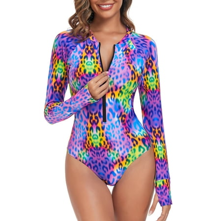 Ocean Blues Women’s Plus Size Floral Rash Guard Long Sleeve Women Tummy Control Zipper One Piece Swimsuit Bathing Suits Size S