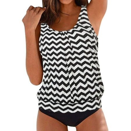 TOWED22 Blouson Two Piece Tankini Swimsuits for Women Tummy Control Loose Fit Printed Modest Two Piece Bathing Suits（Black,S）