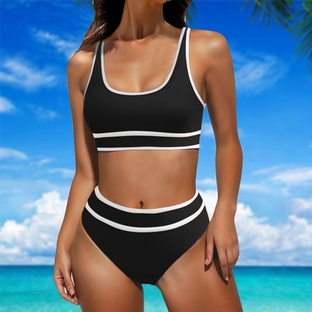 successthop Womens Bikini Swimsuits 2 Piece High Waist Tummy Control Scoop Neck Bathing Suit Padded Color Block Slimming Bandage Beachwear Modest Bandeau Brief Thong Curvy Push up