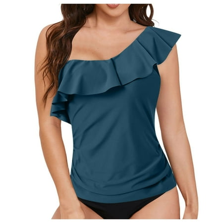 TOWED22 Womens One Shoulder Tankini Tops Ruffle Swim Tops Strapless Bathing Suit Tops No Bottoms-AG,S