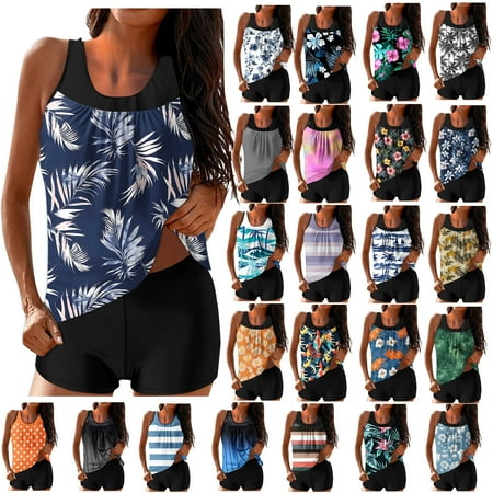 UPPADA 2 Piece Full Coverage Swimsuits for Women Floral Athleti Crewneck Bathing Suits High Waisted Tummy Control Modest Swimwear Comfy Tankini Top with Shorts Women Bathing Suits Blue,L