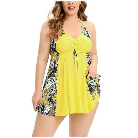 Edvintorg Yellow Tummy Control Polyester Swimsuit Sets (Women’s Plus Size)