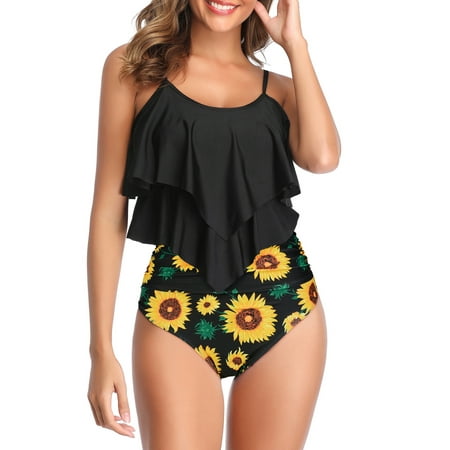 2 Piece Tummy Control Swimsuits for Women Double Ruffled High Waisted Tankini Bathing Suits Black Sunflower S