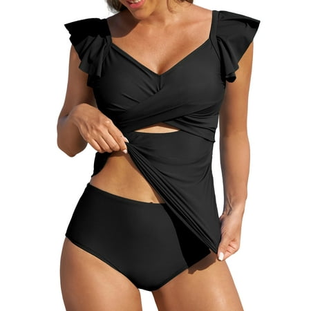 Eytino Bathing Suits for Women Tankini Two Piece Tummy Control Swimsuits V Neck Cutout Ruffled Swimming Suits with High Waisted Bottom Swimwear Black S-2XL