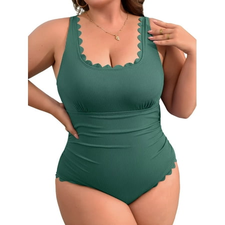 Asoul Plus Size Ribbed Swimsuit for Womens One Piece Scalloped Swimwear Tummy Control Bathing Suits