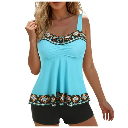 GEWSEY Tankini Swimsuits for Women Tummy Control Two Piece Modest Bathing Suits Floral Skirt Top Sky Blue, S