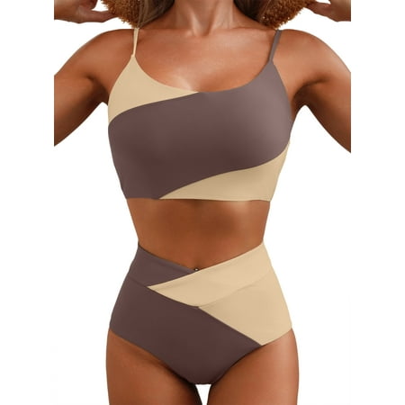 SHEWIN Womens Bikini Set 2 Piece High Waisted Color Block Swimsuit Spaghetti Straps Bathing Suits Summer Beach Outfits