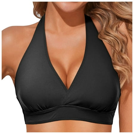Hessimy by Hessimy Women Halter Bikini Top Padded Swimsuit Black, S