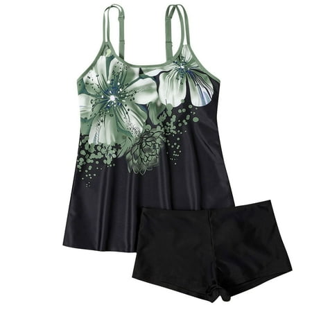 Taqqpue Plus Size Tankini Bathing Suits for Women Tummy Control Flowy Swimsuits Two Piece Athletic Swimwear Long Torso Tank Top with Sports Bra and Boyshorts Womens Swimsuits
