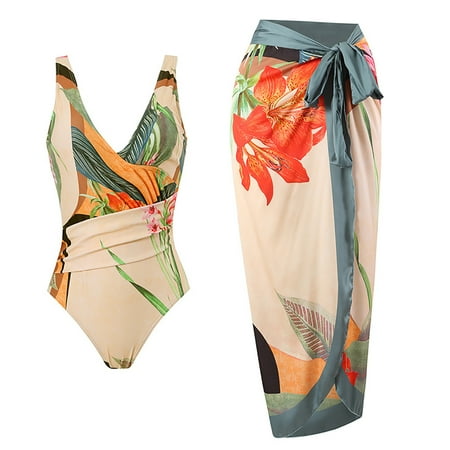 Ecqkame Women One Piece Swimsuit with Matching Cover Up Floral Print Lace Up Bikini Long Skirt Chiffon Two-piece Set Multicolor XL Clearance Sale