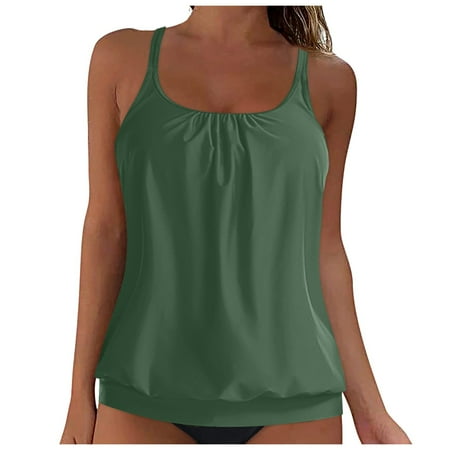 GEWSEY Plus Size Modest Tankini Tops for Women Tummy Control Full Coverage Loose Fit Swim Tops Only No Bottom (Army Green, XXL)