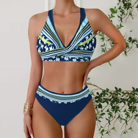 Xixinqiwan No Boundaries Bikinis for Women,Women’s Floral Printed Bikini Straps Bikini V Neck High Cut Push Up Swimsuit Set 2 Piece Bikinis Swimwear