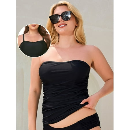 Ocean Blues Women’s Plus Size Bandeau Tankini Top Only Strapless Ruched Swimsuits Top Molded Cups Tankini Bathing Suits for Women