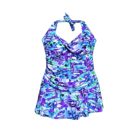 NWSC Women’s Plus Size Swimdress Swimsuit Retro Halter 18 – 24W Purple Floral