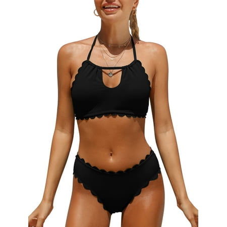 Attraco Women’s Two Piece Bikini Set Halter Neck Padded Wavy Edge Hollow Out Swimsuit