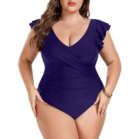 TIYOMI Plus Size 5X One Piece Swimsuit For Women Nave Blue Swimwear Ruffled Deep V Neck Suits Tummy Control Bathing Suits 5XL 26W 28W
