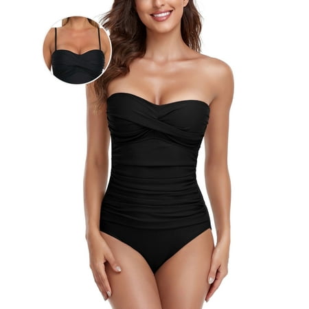 RELLECIGA Women’s Black Twist Front Ruched One Piece Swimwear Bandeau Strapless Swimsuit Tummy Control One piece Bathing Suit