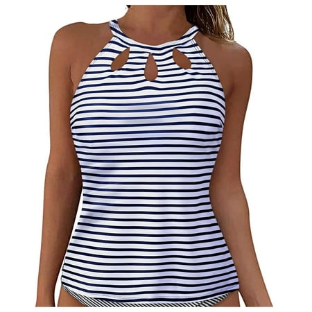 TOWED22 Womens High Neck Tankini Top Backless Bathing Suit Tops Underwire Full Coverage Bikini Top Swimsuit Top Key Hole Swim Top Only（Blue,L）