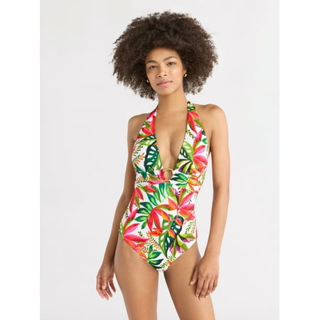 Sofia by Sofia Vergara Women’s and Plus Ring Front Plunge Halter One Piece with Curvetex®, Sizes XS-3X