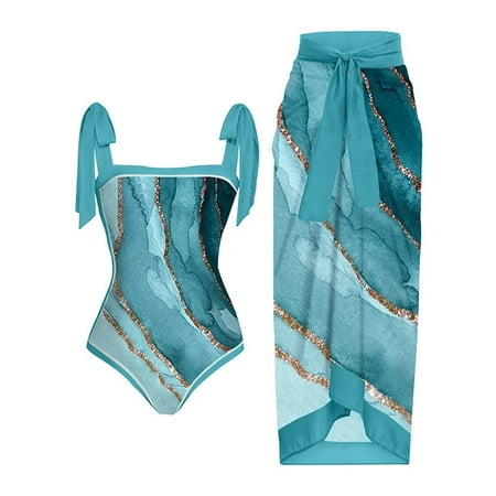 Frostluinai Savings Clearance! Plus Size Swimsuit for Women Two Piece Bathing Suit w/ Swimsuit Cover Up Wrap Skirt Floral Print Bikini Set Beach Swimwear