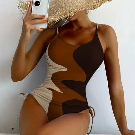 Finelylove Women’s Swimsuits Padded Halter Bra Style Bikini Brown XL