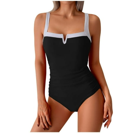 Simua Women Slimming Tummy Control One Piece Swimsuits V Neck Crisscross Back Color Block Bathing Suit for Beach Pool Party