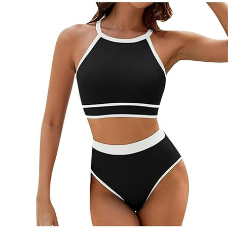 Ayolanni Modest Women Tankini Swim Top Sale Black Halter Separates Solid Swimsuit Sets Girls Swimsuit L