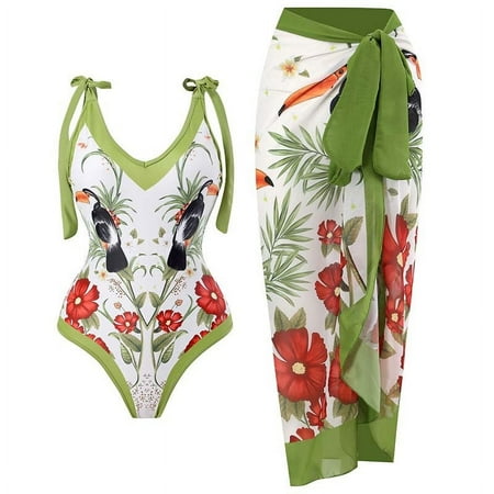 Yievot Two-Piece Swimwear Swim Dress For Women Flower Boho Print Lace Up Swimsuits With Long Skirt Chiffon Womens Bathing Suit On Clearance