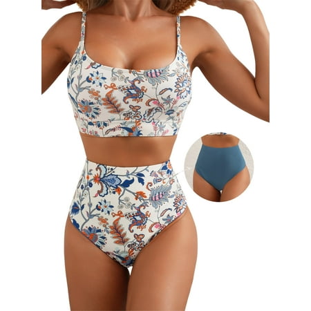 Eytino Swimsuit Sets Womens High Waisted Bikini Sets Color Block Tummy Control Swim Suits Two Piece Bathing Suit Swim Top with Reversible Bottom Swimwear Blue