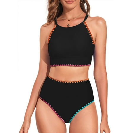 Aleumdr Womens Bathing Suits 2 Piece Bikini Set Vintage Swimsuits High Waisted Bikini Sets Summer Push Up Swimwear Black XL
