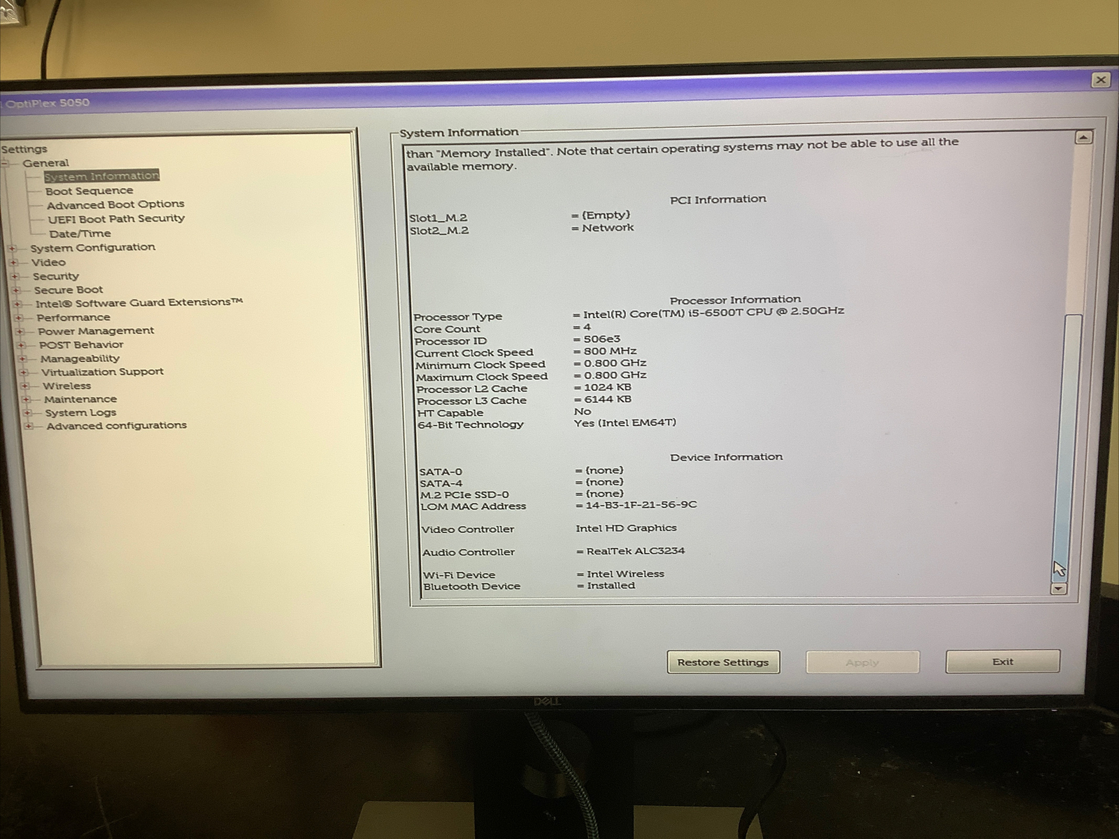 Dell OptiPlex 5050 Desktop Micro I5-6500T 2.50GHz #314