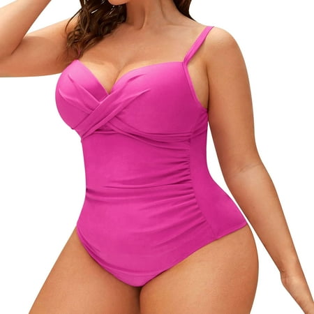 Womens Cute Plus Size Tankini Swimsuits Solid Color Ruched Detail Underwire Removable Padded Cups Fashion Bodycon Bikini Elegant Sexy Beachwear Modest Soft Bathing Suits
