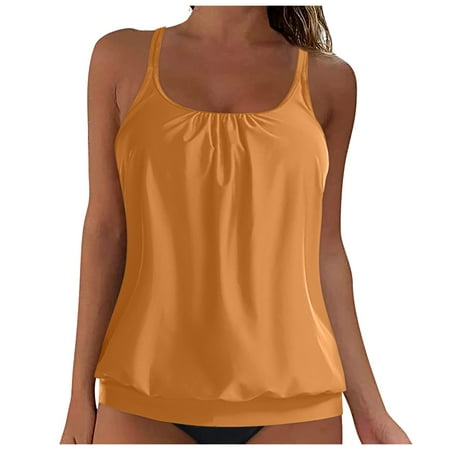 GEWSEY Tankini Tops for Women 2025 Summer Swimwear Top Only Tummy Control Bathing Suit Top No Bottom (Available in Plus) (Khaki, XXL)