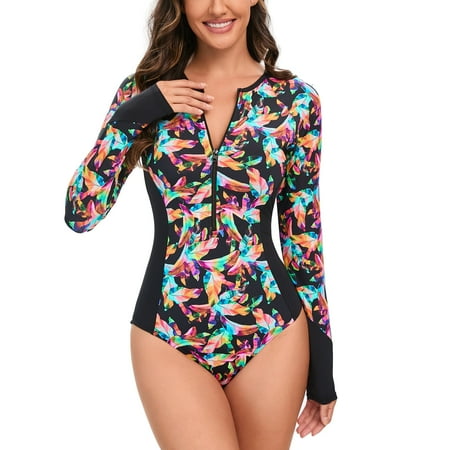 Danhjin Women Rashs Guard Long Sleeve One Piece Swimsuit Floral Printed Zipper Surfing Bathing Suit UPF 50