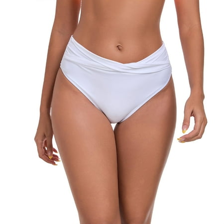 Ocean Blues Women’s Swimsuit Mid Waisted Swim Bottom Twist Front Ruched Bikini Bottom Size L White
