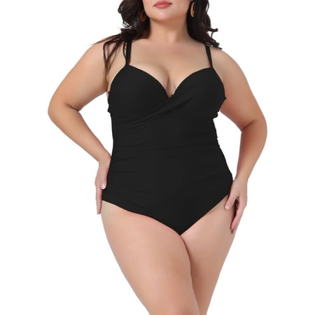 DARING DIVA Plus Size Bikini for Women 1 PC Ruched Padded Slimming Swimwear L Black