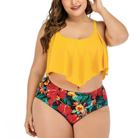 Danhjin Women’s Plus Size Swimsuit Ruffled Overlay High Waist Tankini Tummy Control Bathing Suits Halter Bikini Two Piece Boho Flounce Ruched Bathing Suit with Bottom