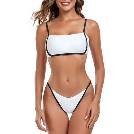 RELLECIGA Women’s Sexy String Bikini Set Swimwear 2 Piece Swimsuit White Two Piece Bathing Suits Bandeau Cheeky Bikini